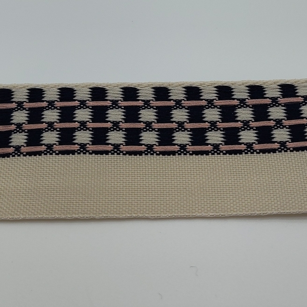 Vintage French Ribbon 1950s Cream Navy Pink Woven Trim Two (2) Yards - Picture 3 of 5
